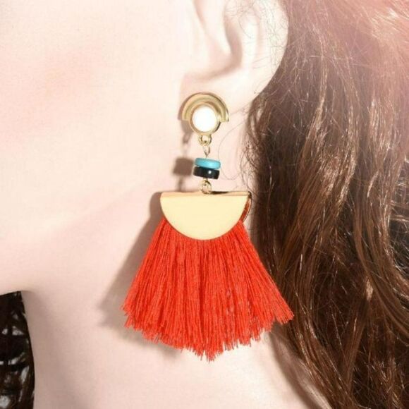 5/$25 Bohemian Red Tassel Teal and Black Beads Dangle Earrings - Picture 2 of 6
